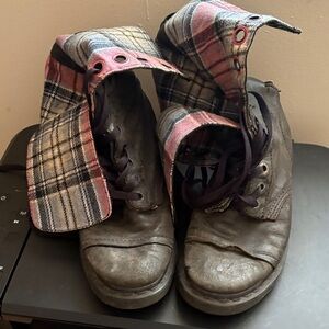 Dr. Martens Plaid Ankle Boots in Red, Black, Gray